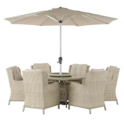 Bramblecrest - Chedworth 6 Seat Dining Set With Lazy Susan - Sandstone - Alton Garden Centre -Garden Strimmers Shop Chedworth 6 Seat Garden dining Set With round Table With Lazy Susan Parasol CutOut Image X20WCW140RD1
