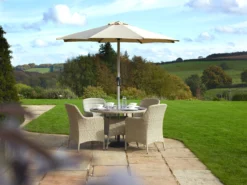 Bramblecrest - Tetbury 4 Seat Round Dining Set - Nutmeg Inc: Parasol & Base - Alton Garden Centre
