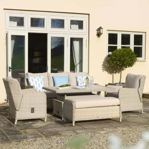 Bramblecrest Chedworth 3 Seat Reclining Sofa Set | Alton Garden Centre -Garden Strimmers Shop bramblecrest chedworth sandstone reclining lounge set table set high for dining