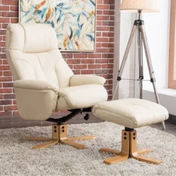 GFA - Dubai - Plush Faux Leather Swivel Recliner Armchair & Footstool - Cream - Alton Garden Centre