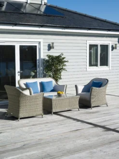 Bramblecrest - San Marie 2 Seater Sofa With All-Weather, Marine Faux Leather Upholstery, 2 Armchairs & Coffee Table - Prarie/Pearl - Alton Garden Centre